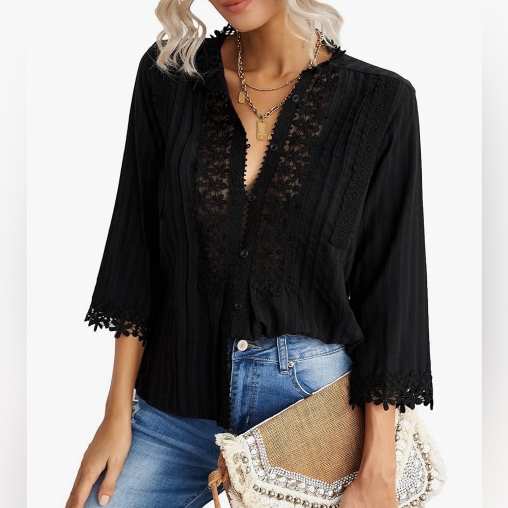 New Black Lace Crochet Flowers Trim Blouse Top Shirt Sz XL